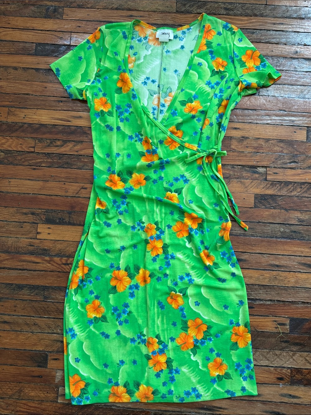 Vintage Y2K Lime Green Wrap Dress Hawaiian Print